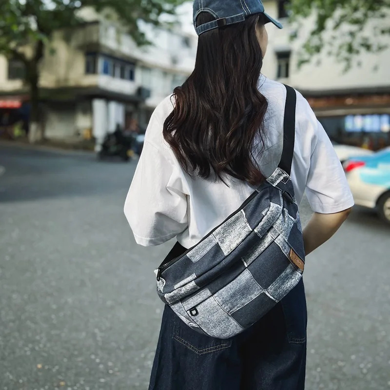 Hip Hop Plaid denim waist bag mens multifunctional waterproof retro luggage outdoor leisure sports cross body bag 250402
