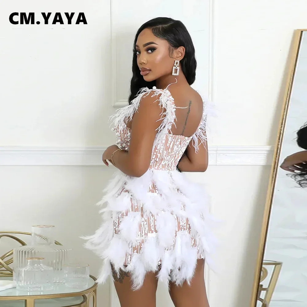 CM. YAYA Womens Sparkling Pearl Feather Belt Bodycon Midi Dress Summer Sleeveless Sexy Party Evening Dress Vestidos 250402