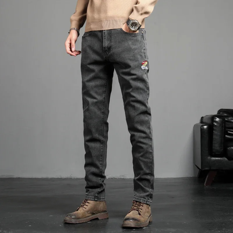 mens retro jeans Korean fashion ultrathin small feet embroidery streetwear 250401