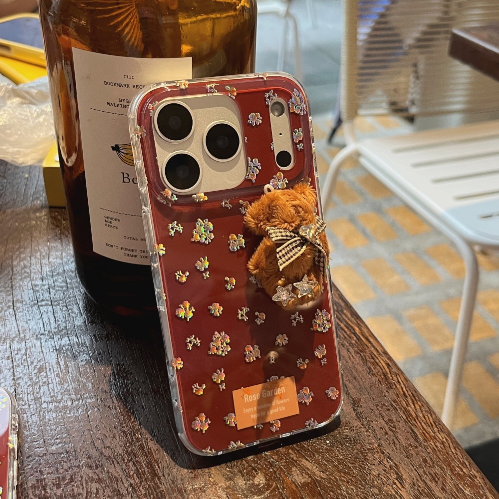 Floral Bear Phone Case Compatible with iPhone 17/16 Pro Max Cartoon Pendant Case 15/14 Pro
