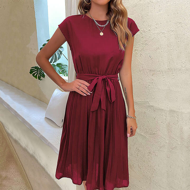 Hot selg popular European and American versatile simple explosive summer lace up solid color pleated dress, 2025 new casual fashion trend clothing
