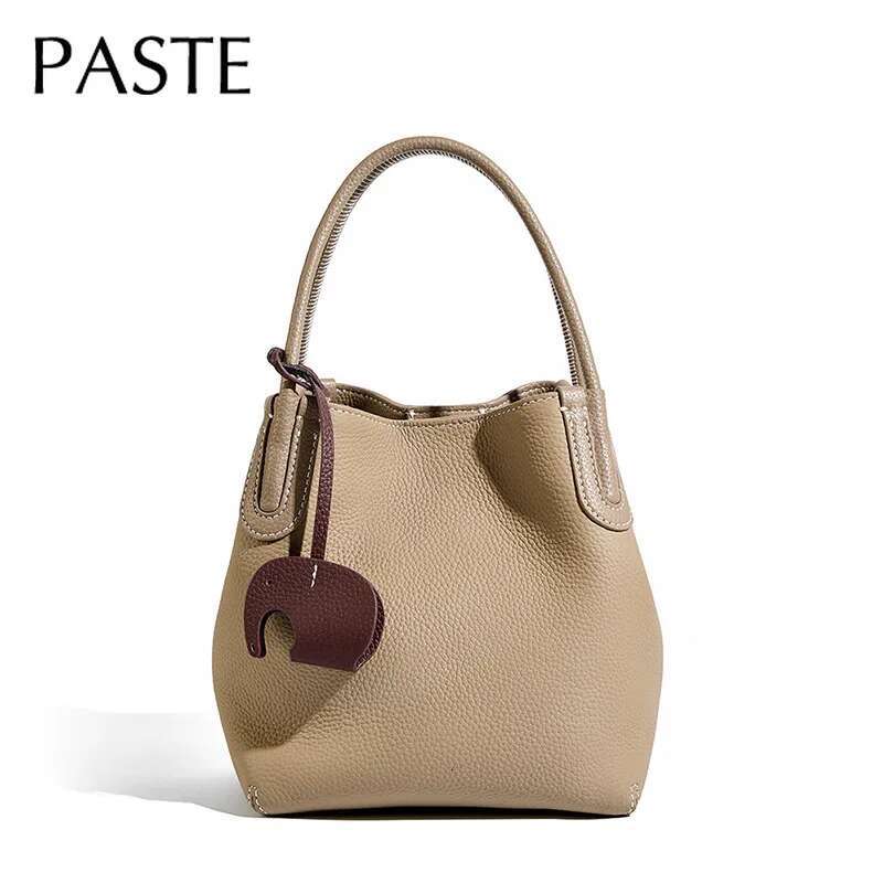 New Fashion Hit-Color Grey Small Bucket Basket Tote Shapeable Niche Cowhide Leather Women Handbag Ladies Crossbody Bag