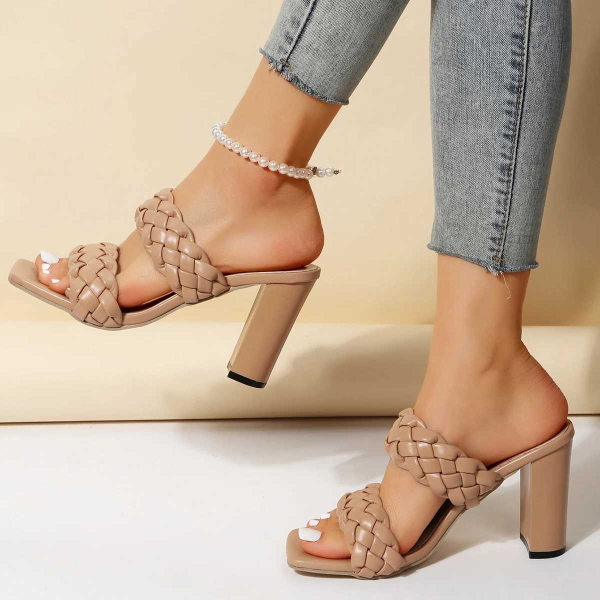 Double woven belt thick high-heeled sandals for womens summer 2025 square toe high-heeled slippers for womens Fi slip sandalsXJ250407