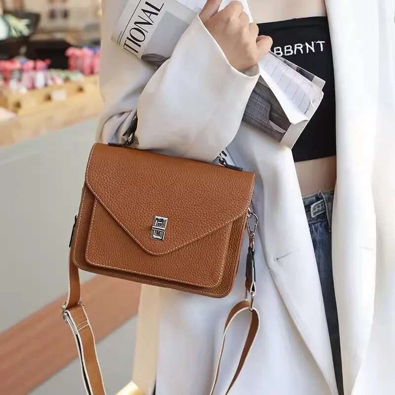 Real Leather Handbag, Women's Envelope New Cowhide Mailman French Small Square Bag, Crossbody Bag