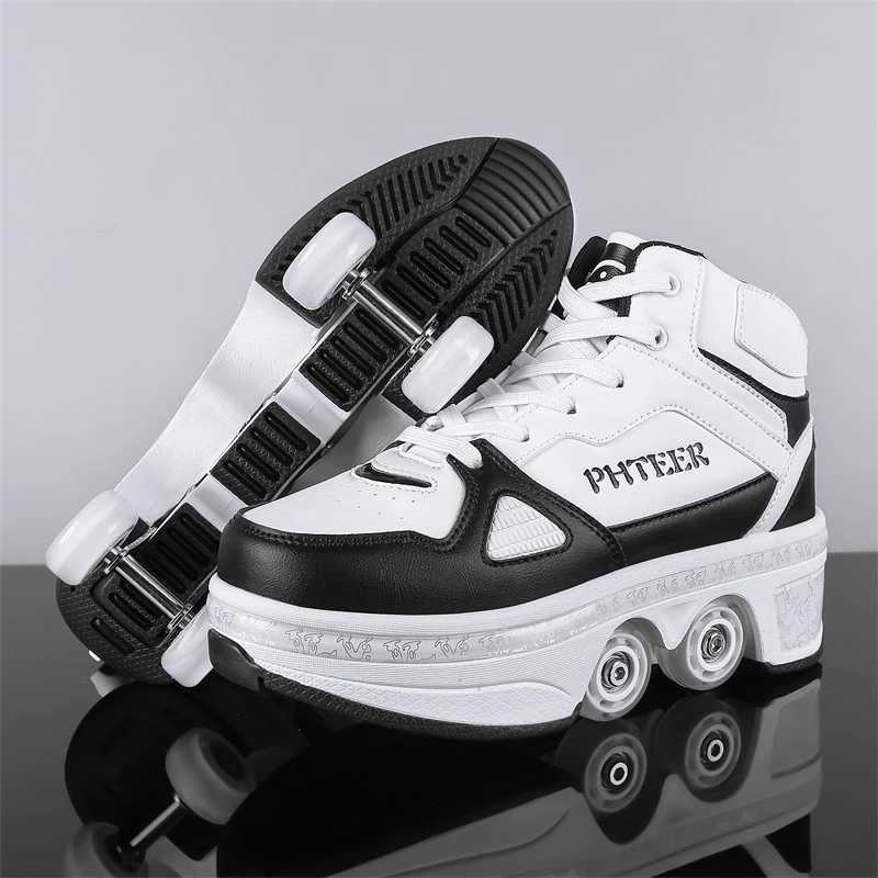 Boys and Girls Angry Shoes Four Wheel Student Edition Childrens Roller Skating Lace Retractable Wheel Adult Walking Skating Shoes W250407