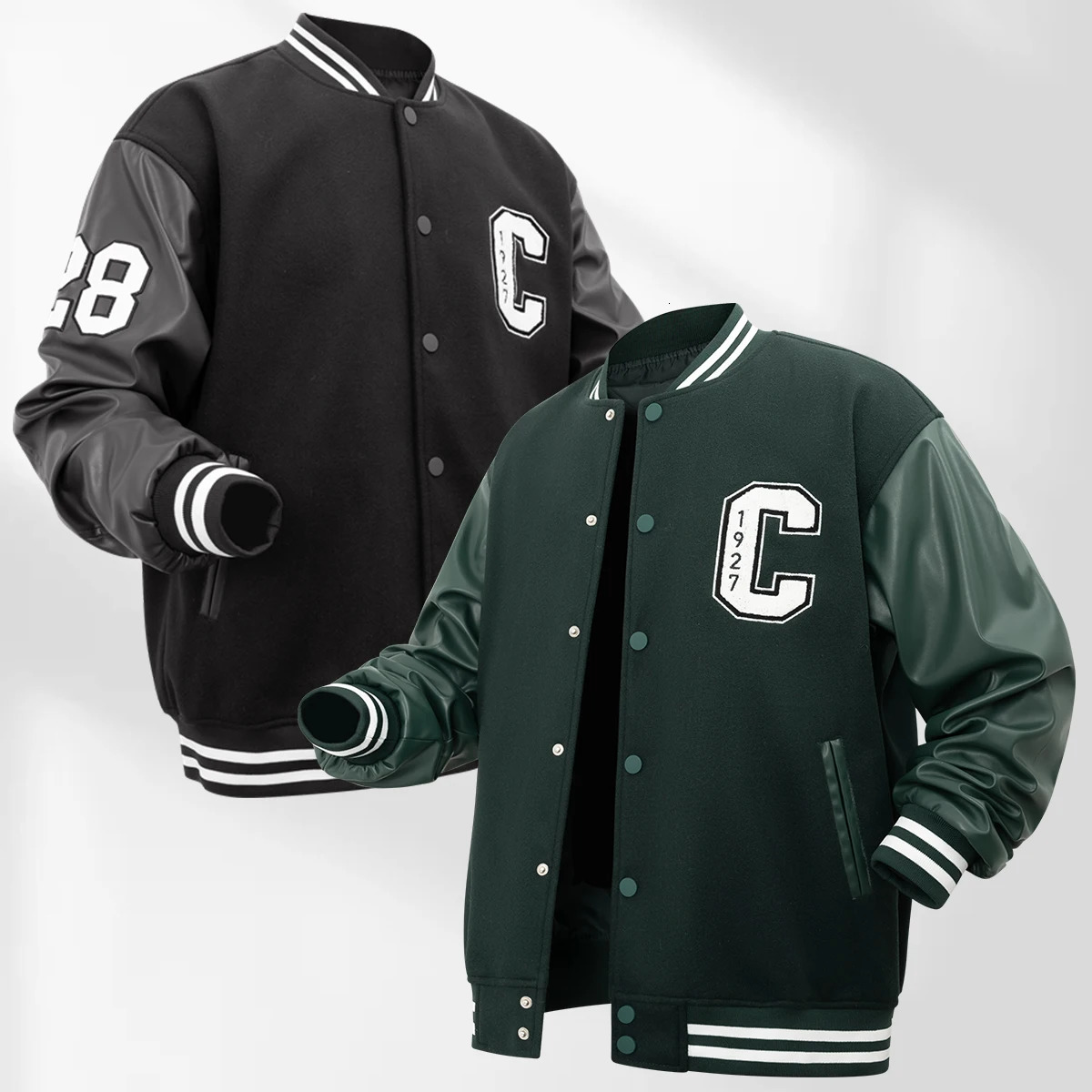 Mens school team jacket C ed baseball bomber unisex retro Letterman woolsynthetic leather suitable for autumn and spring 250407