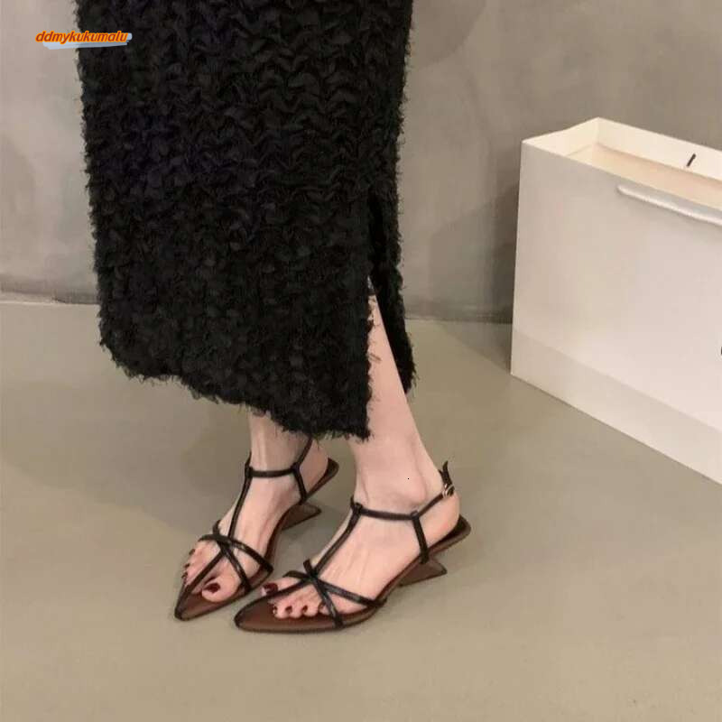 Women Fashion Pointed Open Toe Ankle Strap Dress Shoes Solid Color Summer Ladies Thin Low Heels Sandals ddmykukumalu