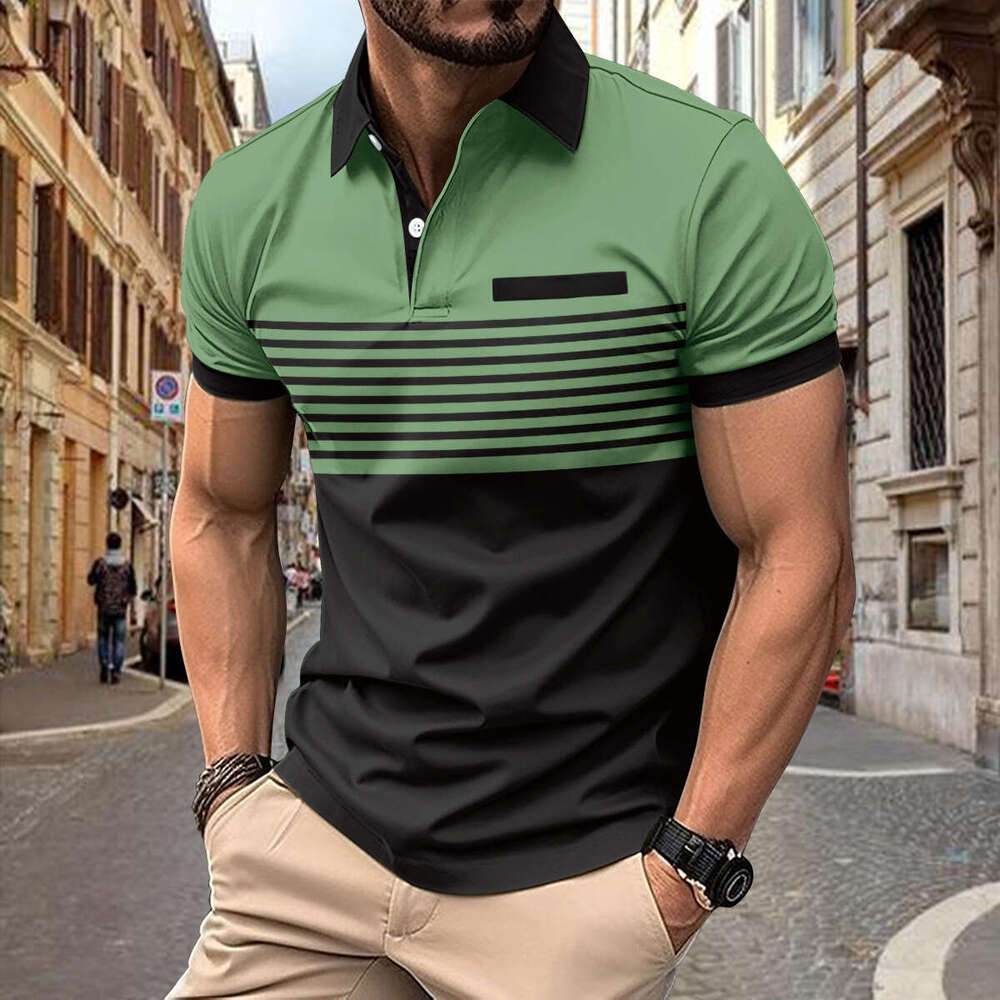 New men's casual polo shirt with chest pocket, V-neck button, striped color blocked T-shirt, 2025 temperament versatile new trendy clothing ins