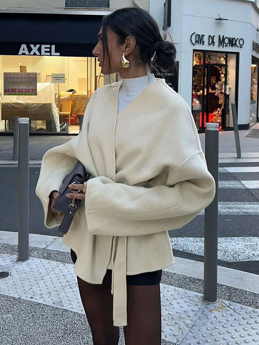 Fashion Solid Lace Up Coat For Women Elegant V-Neck Long Sleeve Jacket 2024 Autumn Winter New Lady Street Outerwear Clothes