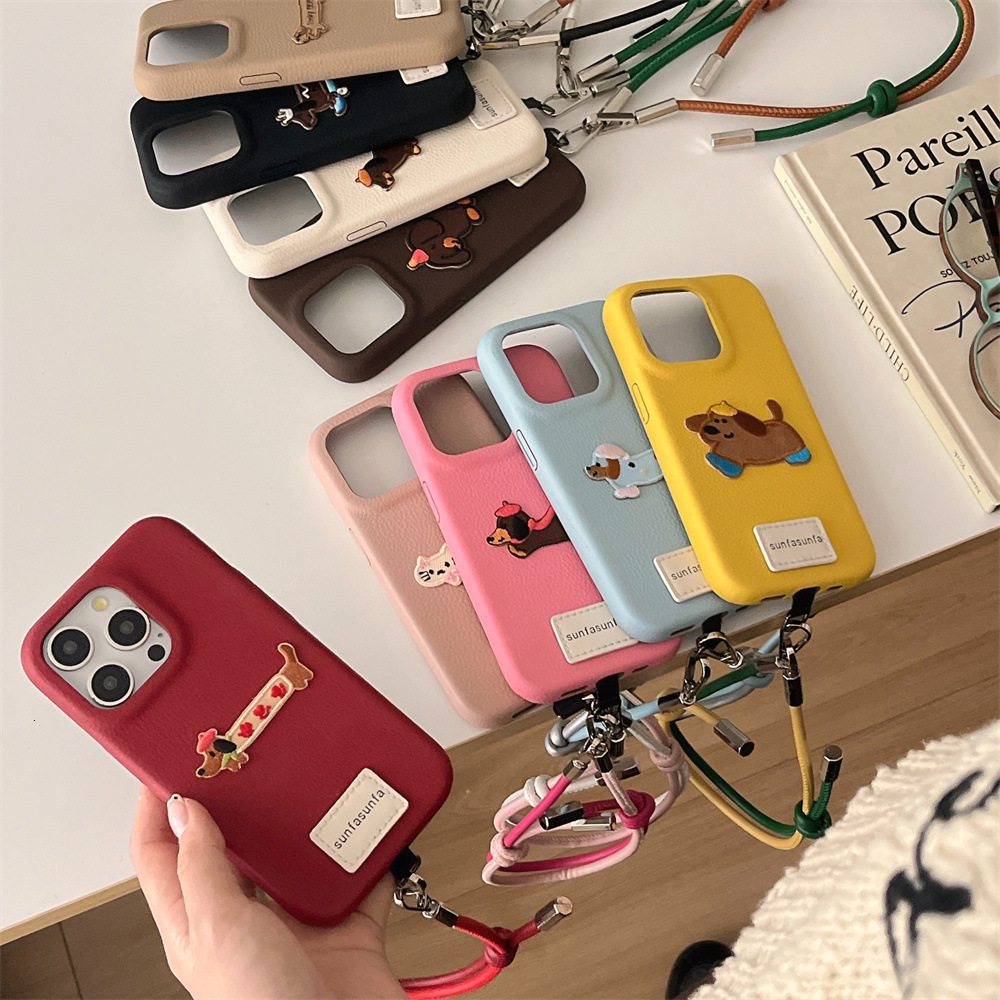 INS Embroidered Two-tone Lanyard Phone Case Compatible with iPhone 17/16/15 Niche Leather Case iPhone 14/13 Pro