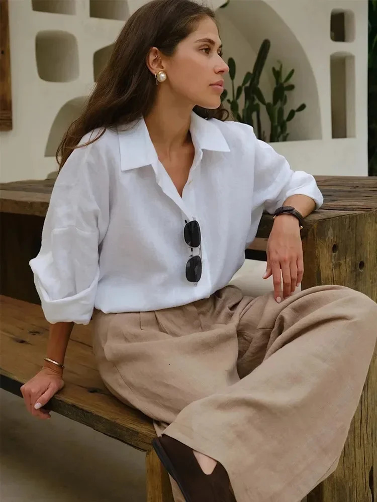 Summer Womens Linen Shirts Long Sleeve White Lapel Casual Loose Women Shirt Tops Solid Fashion Cotton Linen Shirt for Women 250408