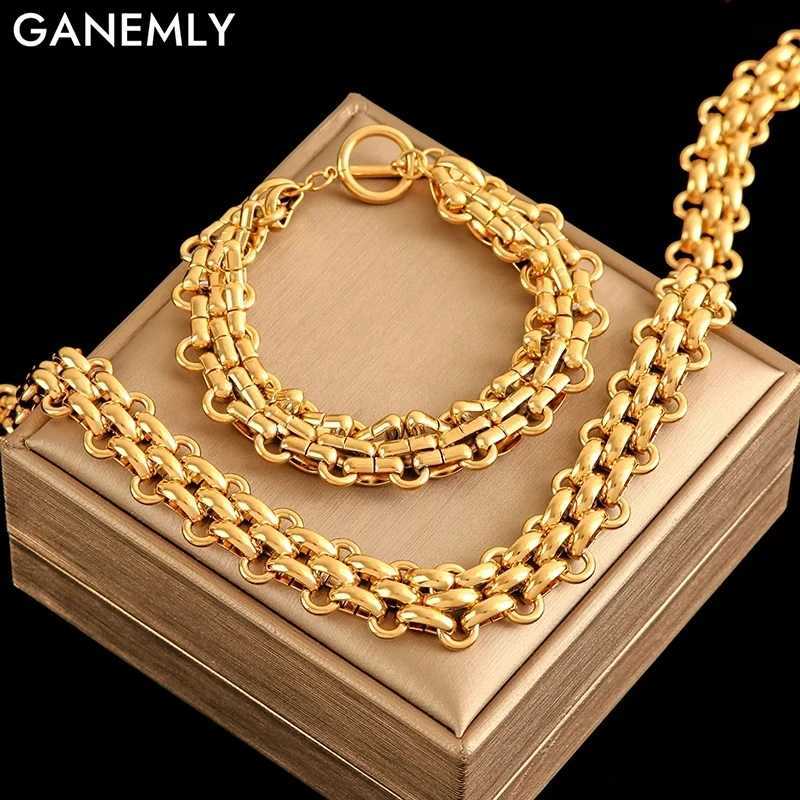 Ganemly 316L Stainless Steel Cuban Chain Declaration Necklace Bracelet Set Womens Fashion 18K Gold Plated Waterproof Jewelry Y250408
