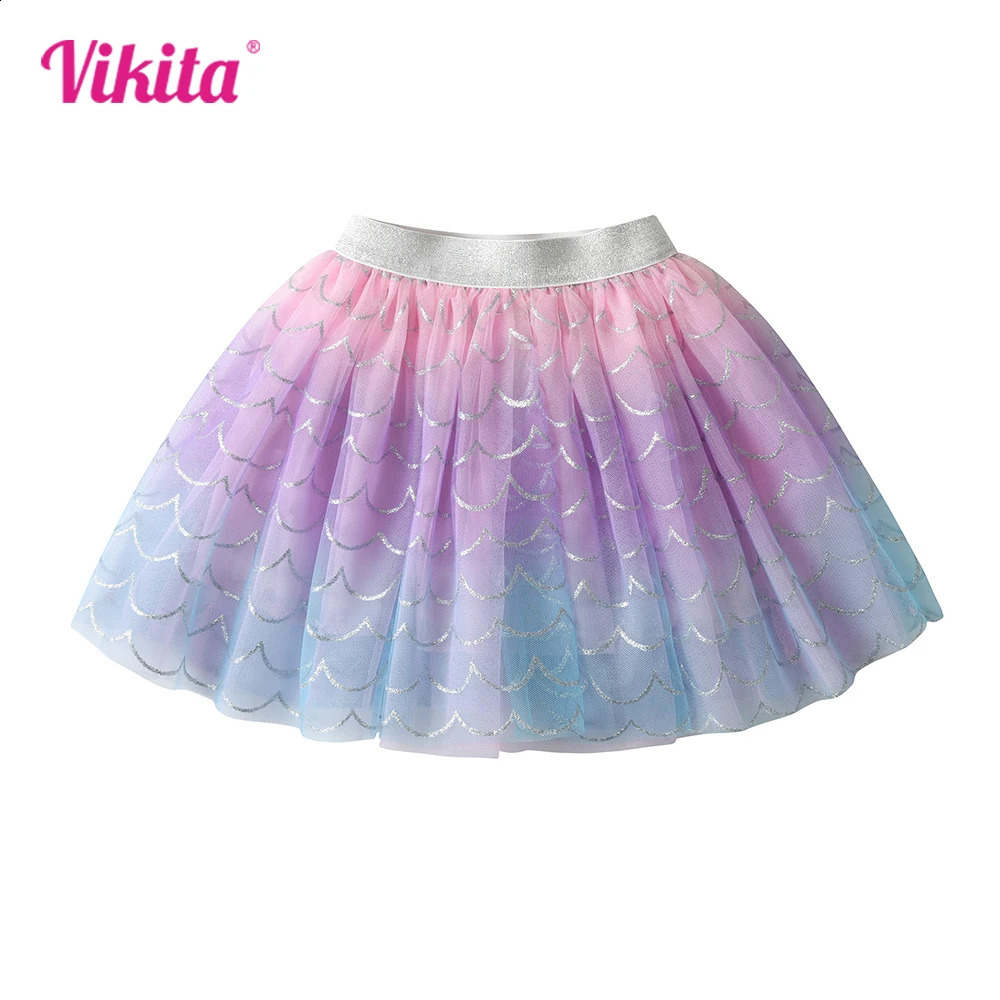 VIKITA Kids Mermaid Print Skirt Girls Colorful Gradient Princess Mini Skirts Girls Party Beach Casual Skirts Children Costumes 250408