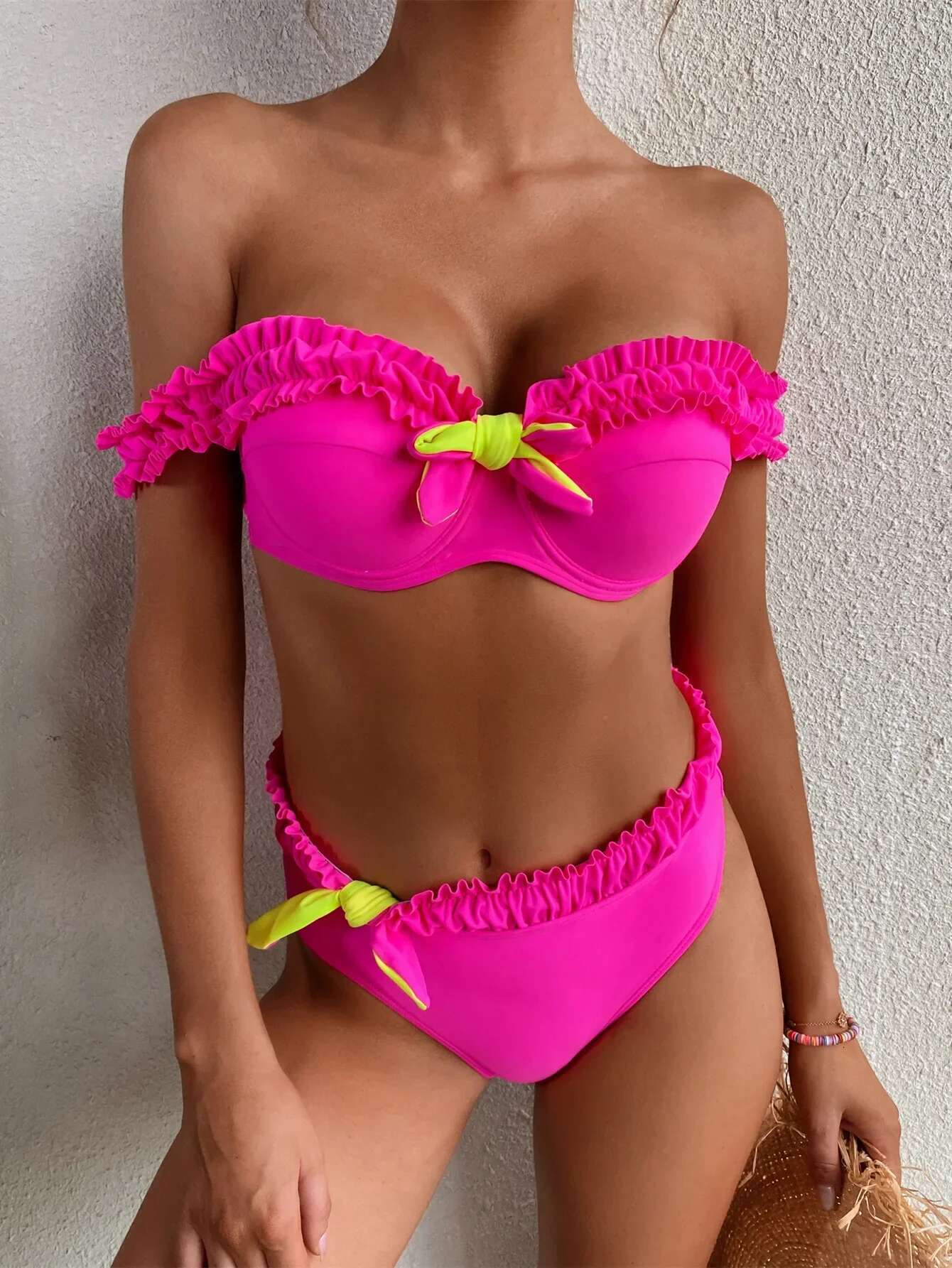 Dongdumaoyi Sexy High Waist Bikini Set Women Solid Neon Hot Pink Ruffled Padded Swimsuit Female Push Up Bathing Suit Swimwear Biquini
