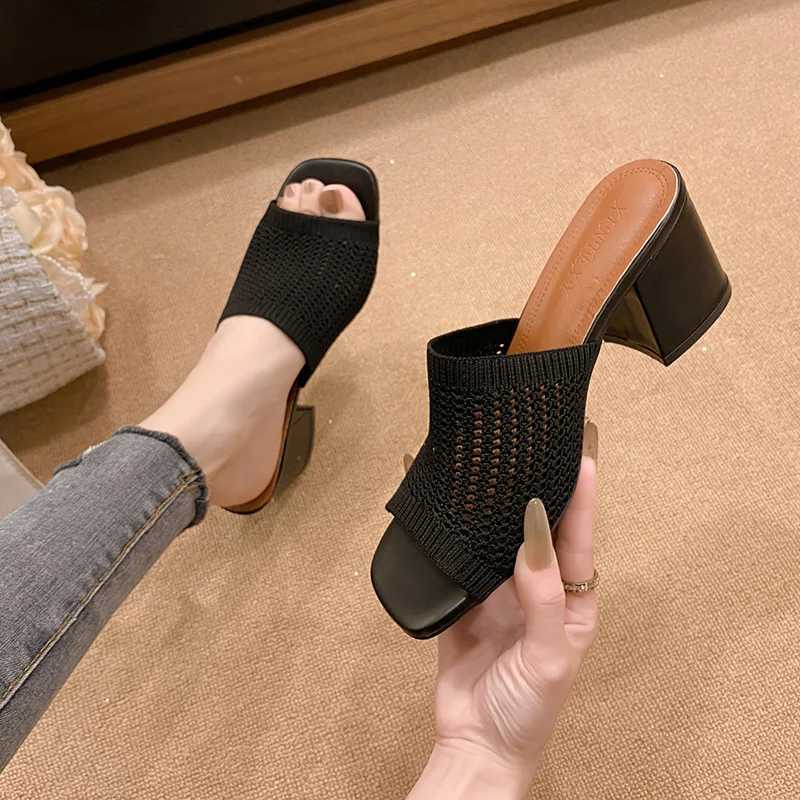 2024 New Hot Summer Womens Slippers Knitted Block Heel Sexy Square Foot Dress Party Shoes High Heels Casual Solid Color SandalsXJ250407