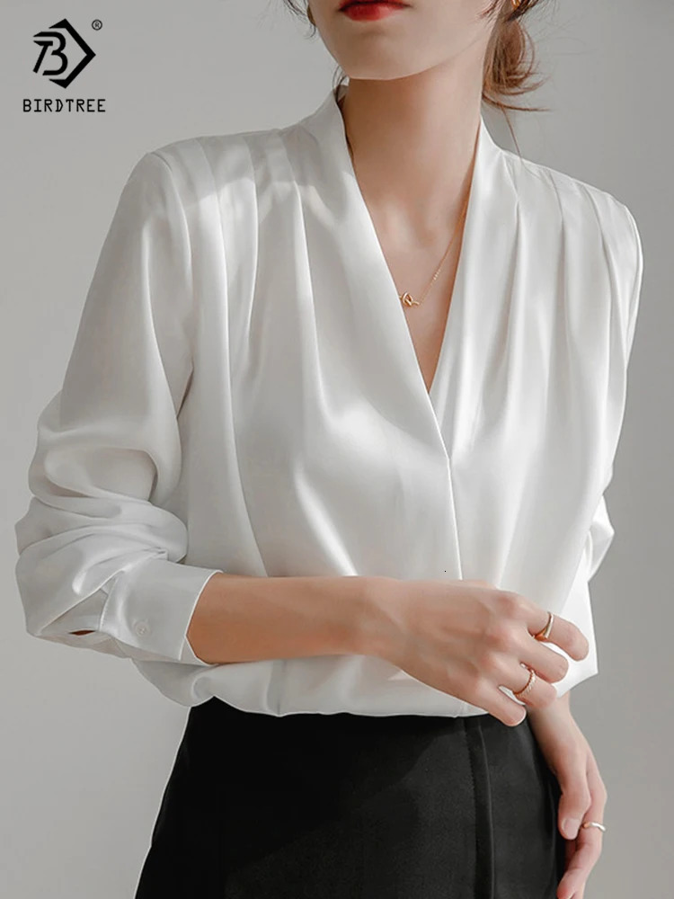 Spring Womens Elegant Satin Shirt Lantern Sleeve V-neck Office Navy Blue Shirt Retro Autumn Casual Top T24401X 250402