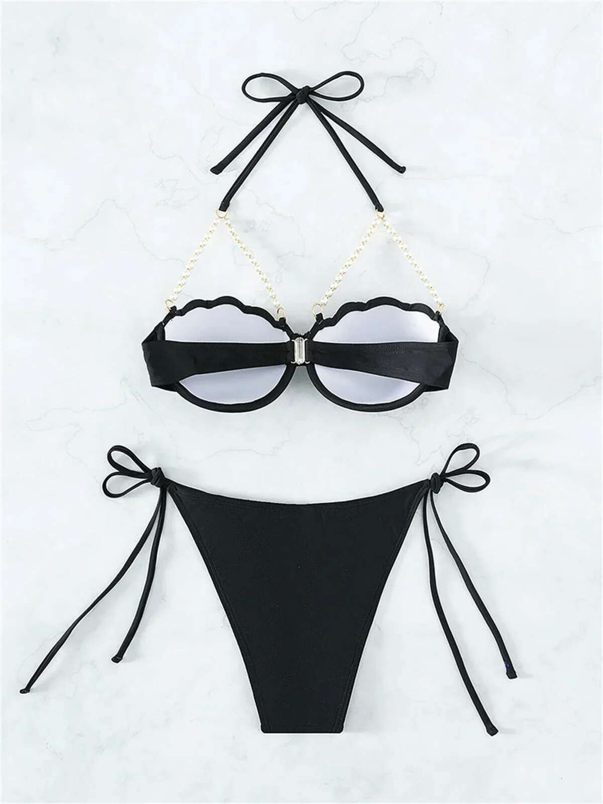 Dongdumaoyi Sexy Shell Shape Underwire Bikini Tie Side Thong Bikinis Swimwear Women Black Pearls Strap Push Up Bathing Suit Swimsuit