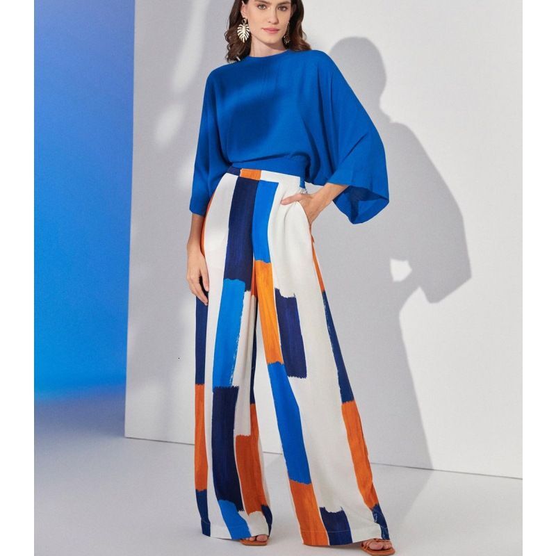 Womens Clothing New Temperament Loose Commuter Blue Top High Waist Wide Leg Pants Suit