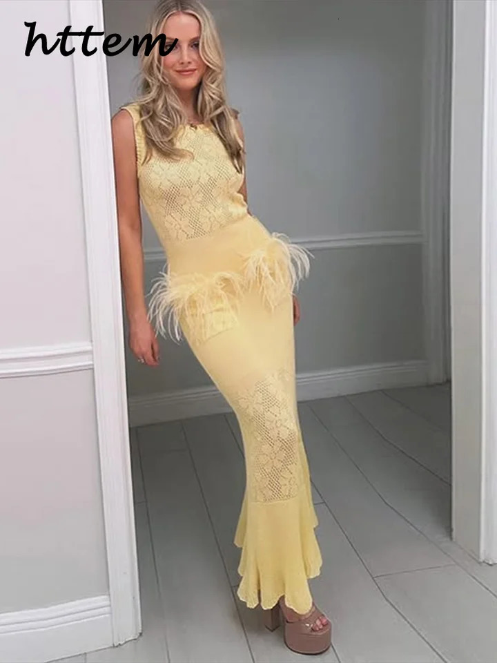 Fashion Knitted Long Hair Mermaid Dress for Womens Elegant Hollow Sleeveless Party Dress Summer Womens Splicing Beach Dress 250402