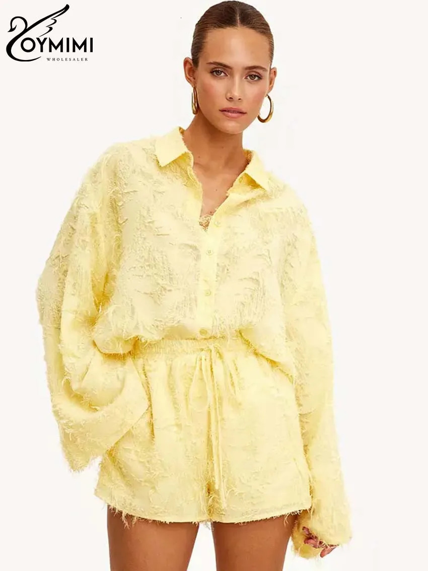 Oymimi Elegant Yellow Feather Women 2 Piece Set Outfit Fashion Long Sleeve Button Shirts And Drawstring Shorts Sets Streetwear 250407
