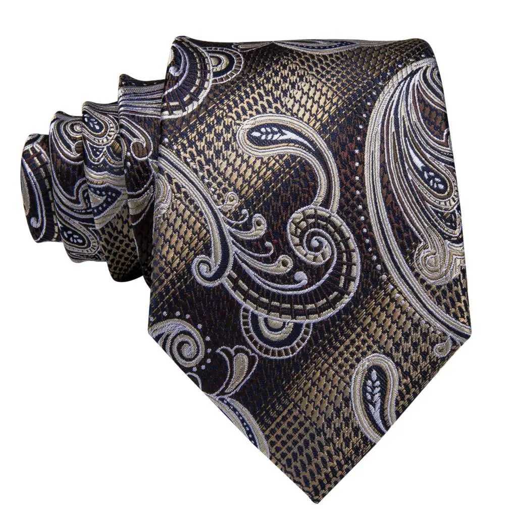 Hi-Tie Paisley Brown Tie For Men Elegant Mens Necktie Pocket Square Cufflink Gro Wedding Accessory Wholes New Designer X250407