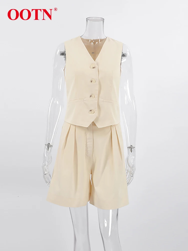 OOTN Office High Waist Shorts Set V-neck Single Chest Tank Top Two Piece Set Spring Cotton Linen Elegant Beige Set Women 250403