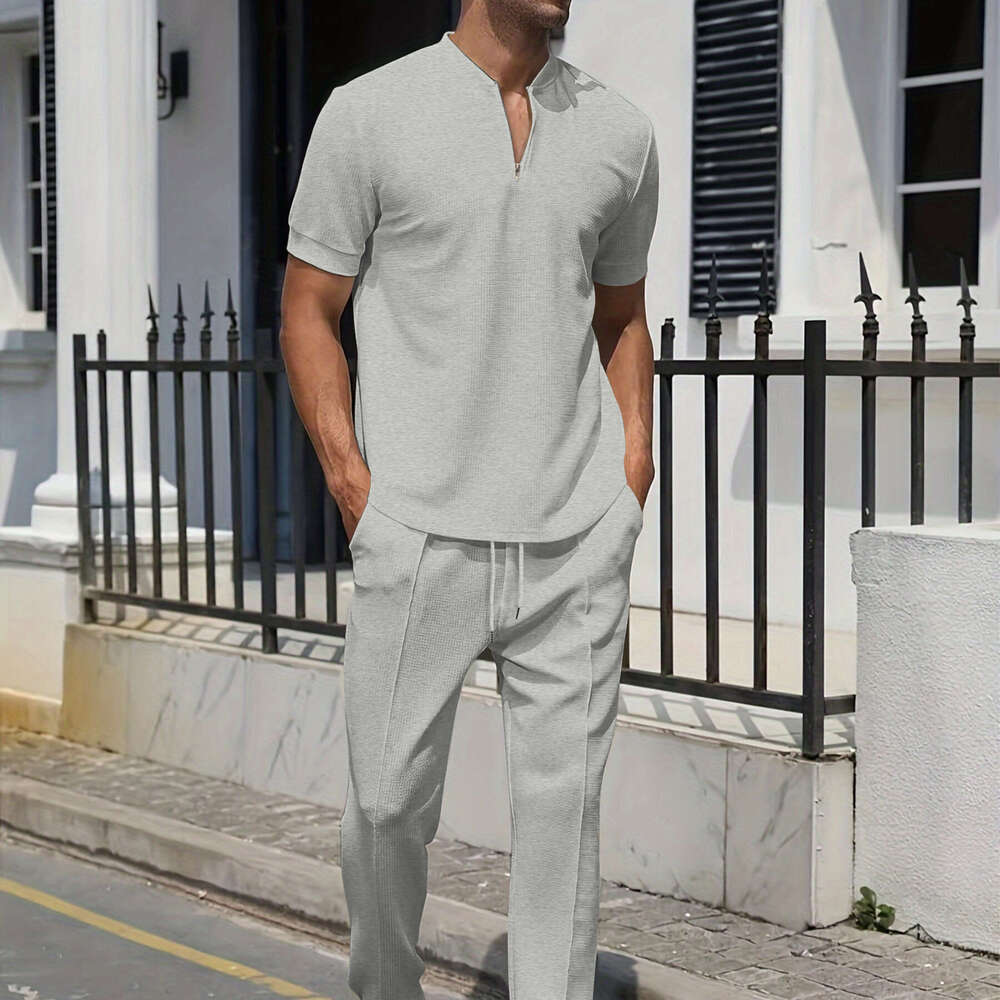 Summer Youth Waffle Collar Solid Color Zipper Short Sleeve Pants Set 2025 New Casual Fashion Trendy Clothing