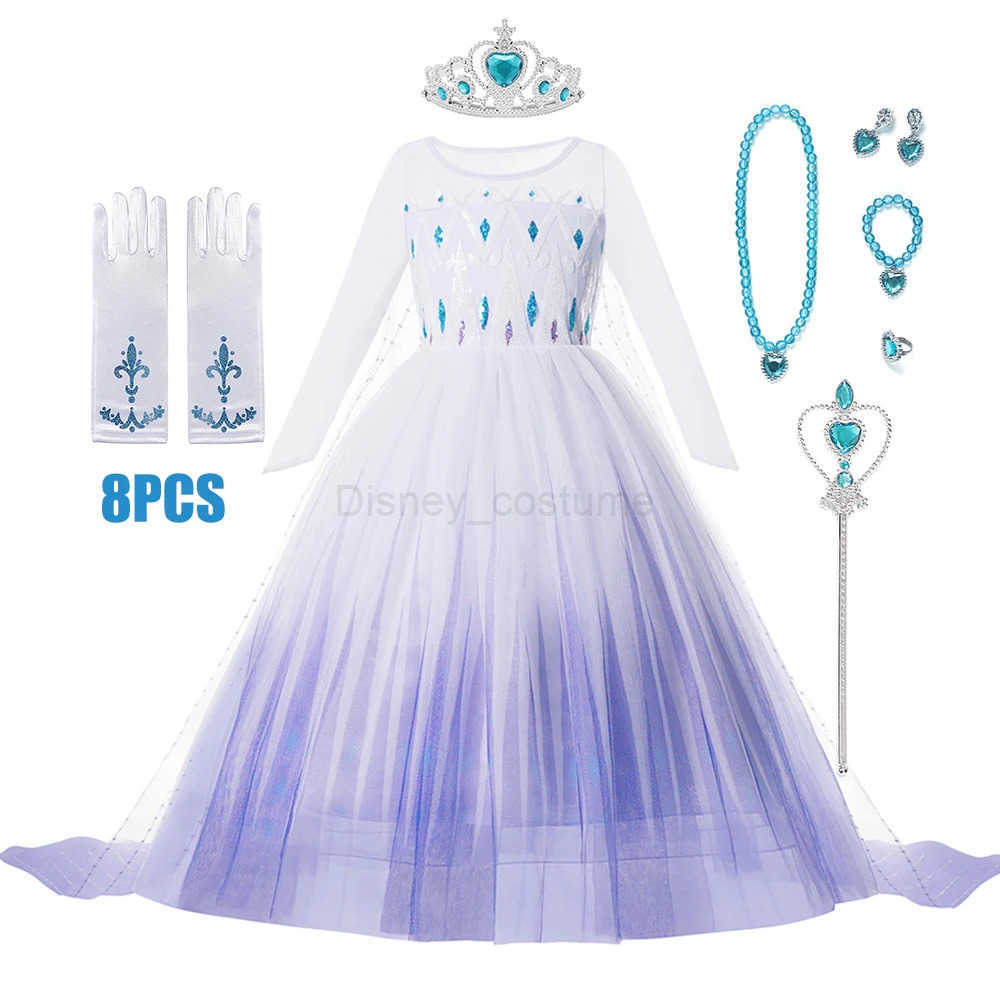 Disney Elsa Dress for Kids Girl White Mesh Sequins Ball Gown Princess Dress Fancy Birthday Carnival Party Children Clothing 2-10Y Dress X250408