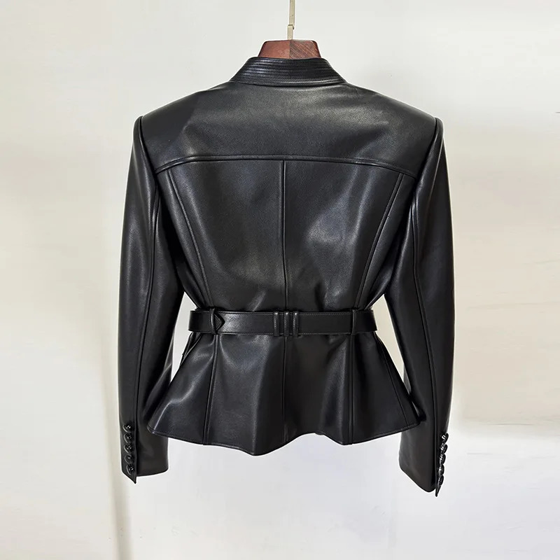 y and fashionable womens clothing belt slim fit leather jacket with multiple pockets motorcycle 251031 - view 4