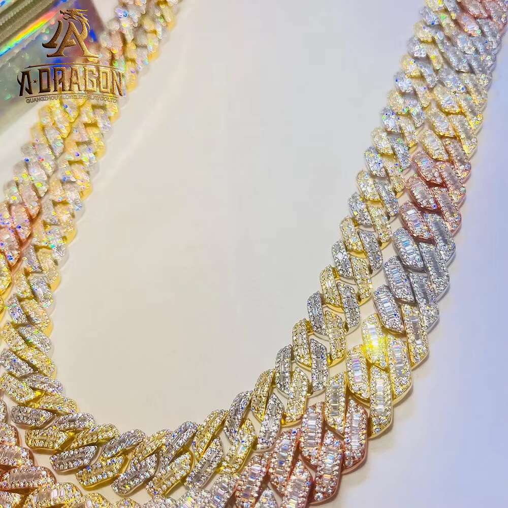 20mm Sterling Silver 22K Gold Plated Moissanite Diamond Man Necklace Cuban Chain for Men