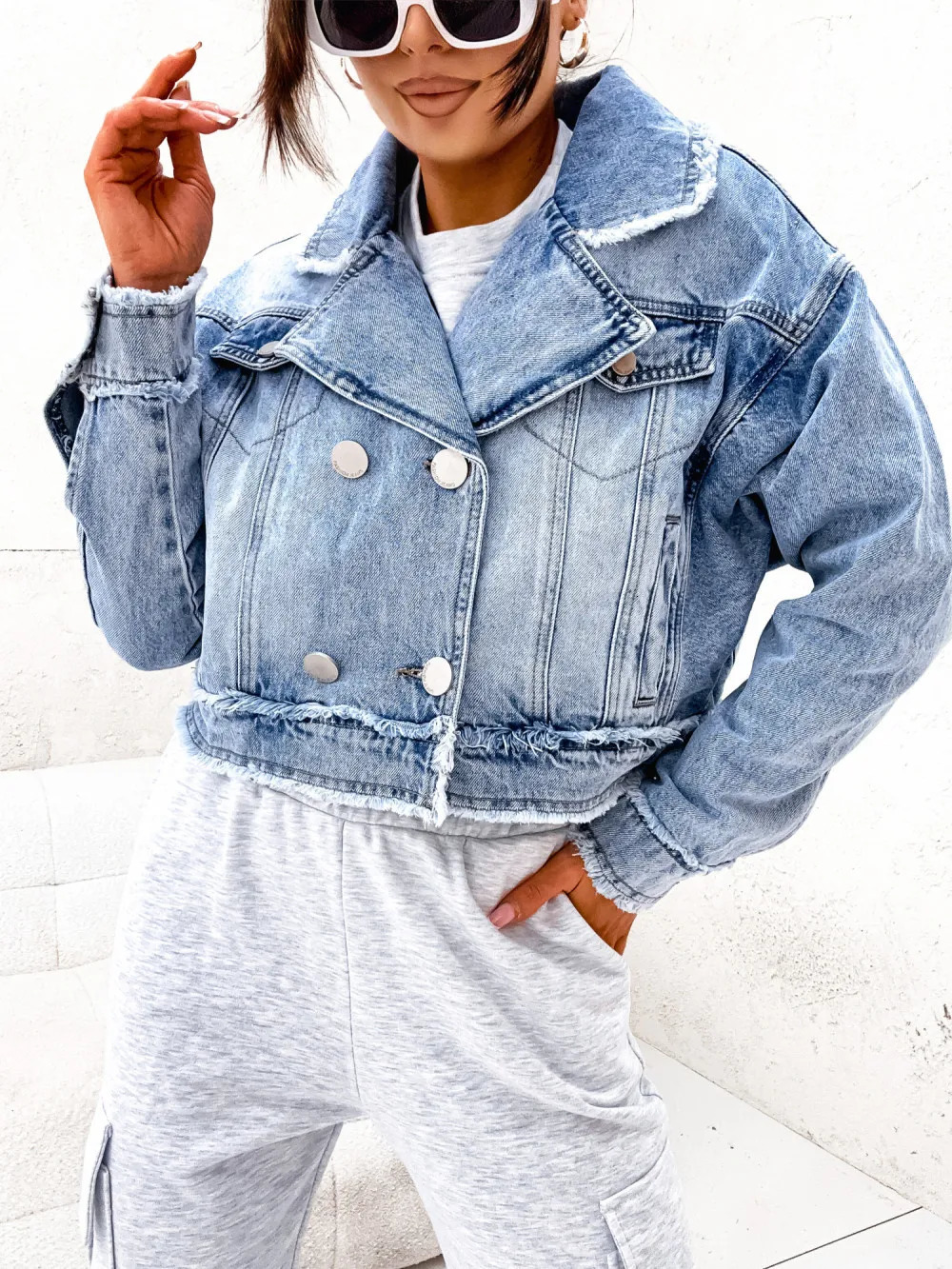 Womens denim jacket short lapel work single chest street clothing splicing Y2k casual blue spring 250407