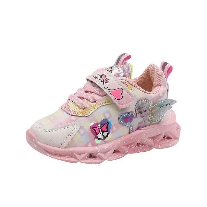 Pink Elsa Princess baby girl sneakers fashionable childrens shoes spring and summer childrens LED light sports shoes W250407