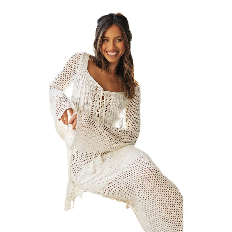 Summer New Beach Set Womens Solid Color Sexy Knitted Hollow Beach Outer Set Womens Dress