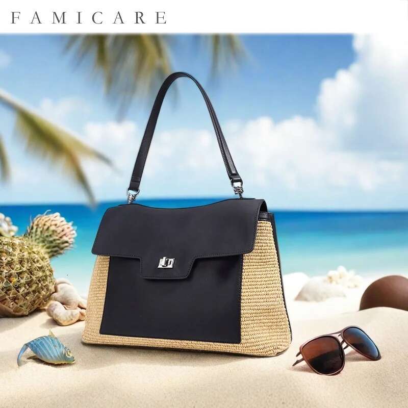 Summer 2025 Women's Raffia Woven Tote Split Leather Crossbody Straw Messenger Grass Weaving Shoulder Bag For Ladies New