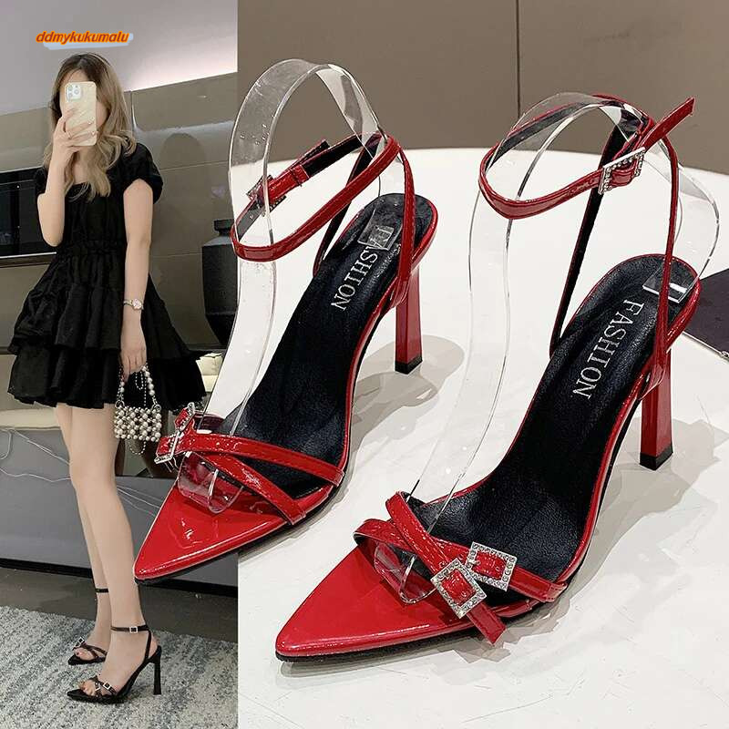 2024 Red Pointed Toe Sandals Women Thin High Heels Ladies Narrow Band Summer Buckle Strap Gladiator Pumps Wedding Party Shoes ddmykukumalu
