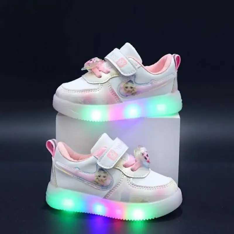 Boutique Fashion Girls Casual Sneakers Elsa Princess Cute Childrens LED Light Shoes Spring/Summer Baby Board Shoes W250407