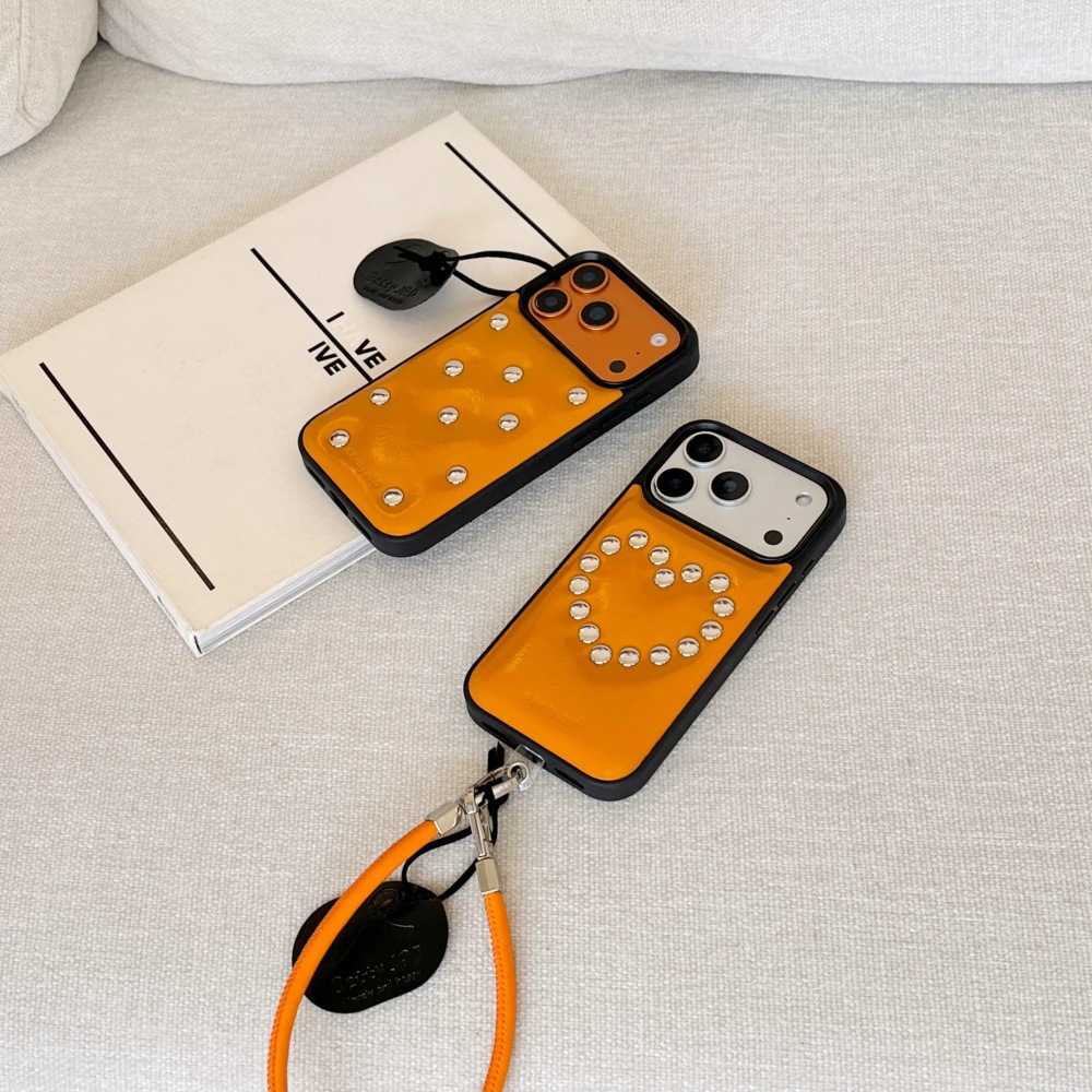 Orange Rivet Leather Phone Case Compatible with iPhone 17/16 Pro Simple Solid Color iPhone 15/14 Shockproof