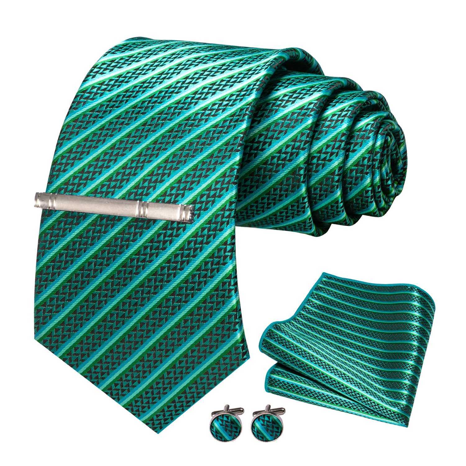 8cm Silk Mens Ties Green Black Ties plaid stripe NeckTie Pocket Square Cufflinks Tie clips Set Mens Wedding business Party Tie X250407