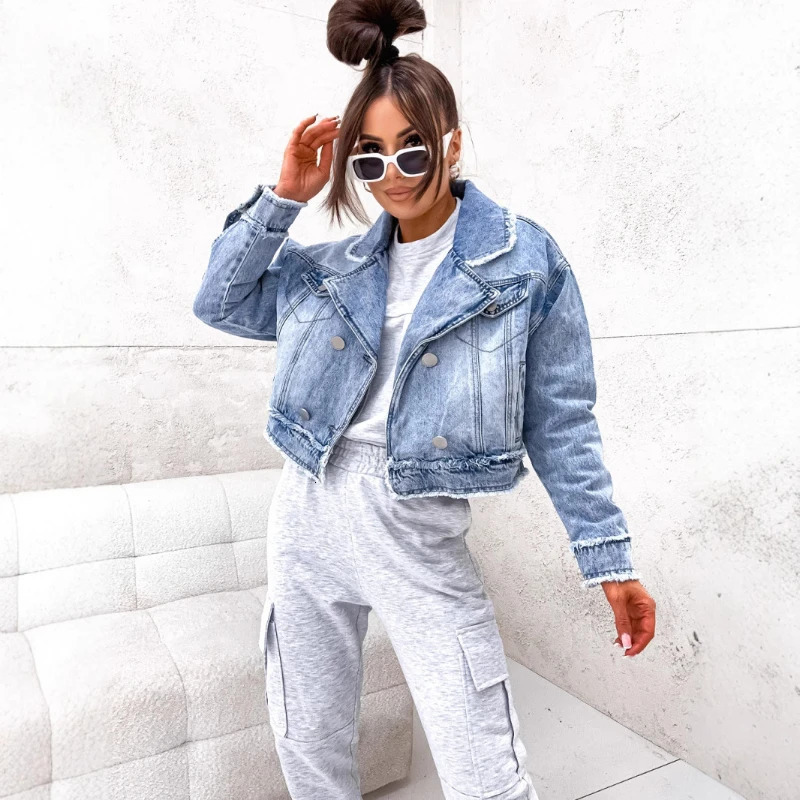 Womens denim jacket short lapel work single chest street clothing splicing Y2k casual blue spring 250407