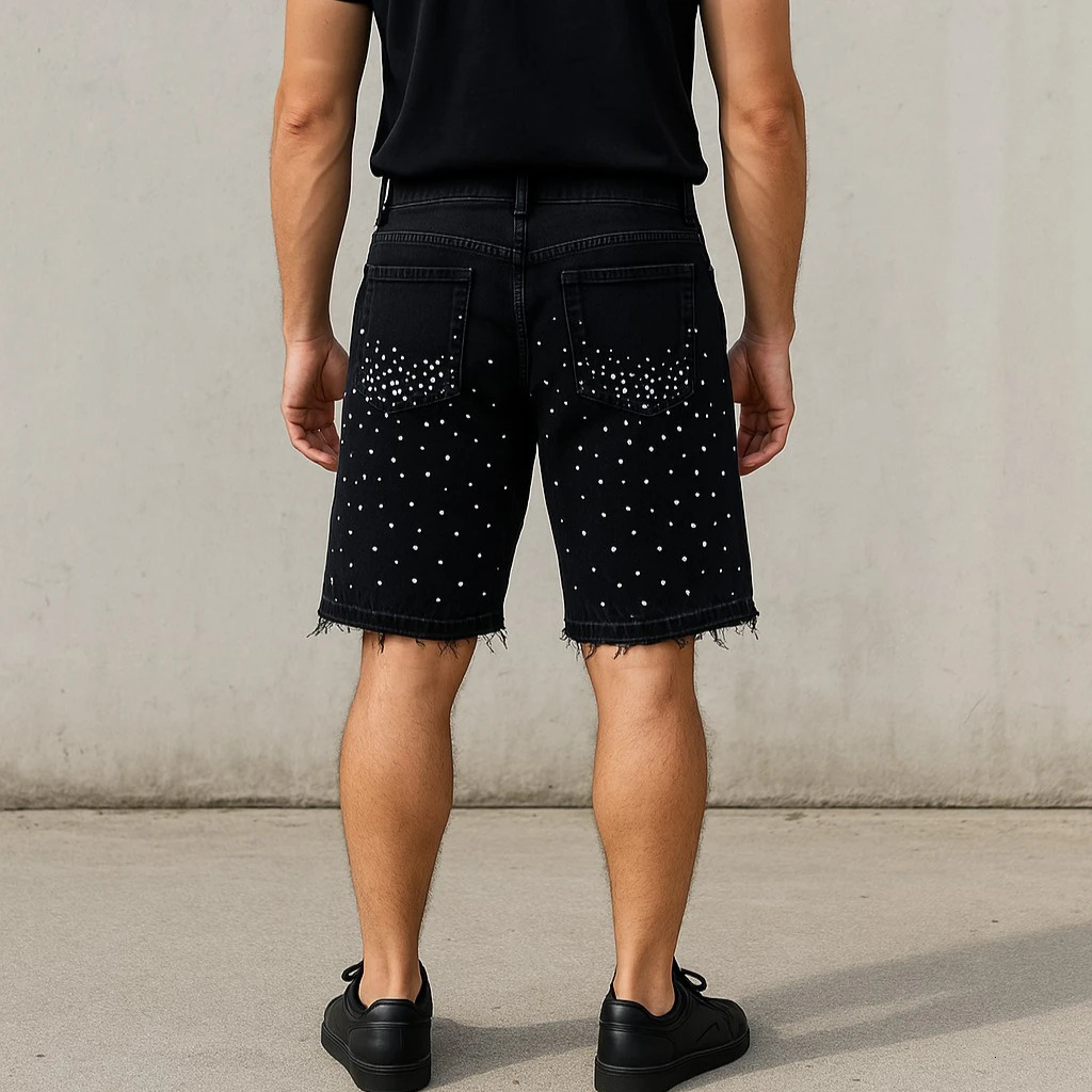 Mens black Distressed denim with short rhinestone details worn hem casual streetwear summer fashion comfortable fashion daily wear 250402