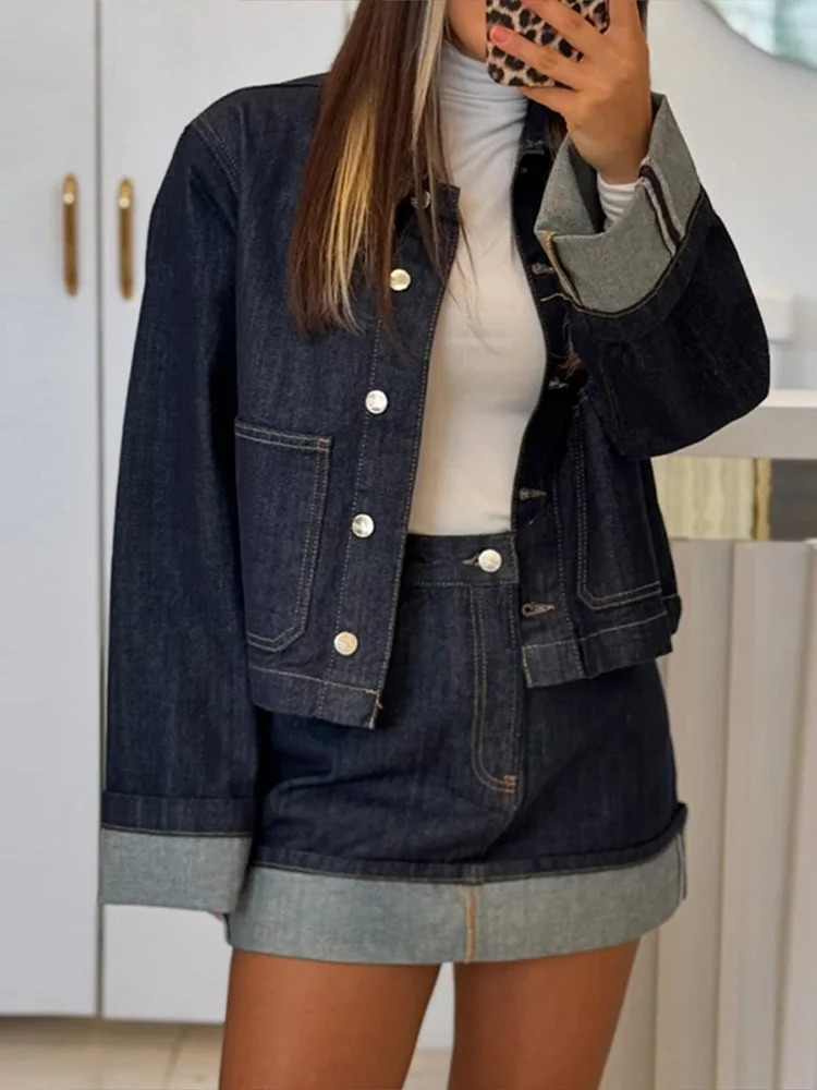 Denim Coat Mini Skirt Women 2 Piece Set Lapel Long Sleeve Button Pocket Jacket A-line Skirts Suit Lady 2025 Spring Street Outfit 250408