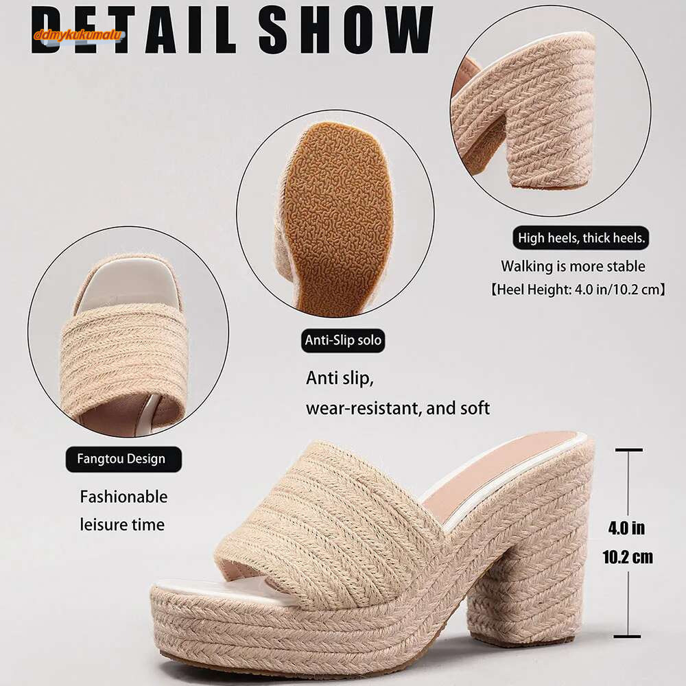 2025 Summer New Women's Espadrille Chunky Platform Square Thick Heel Leisure Women Mules Shoes Sandals ddmykukumalu