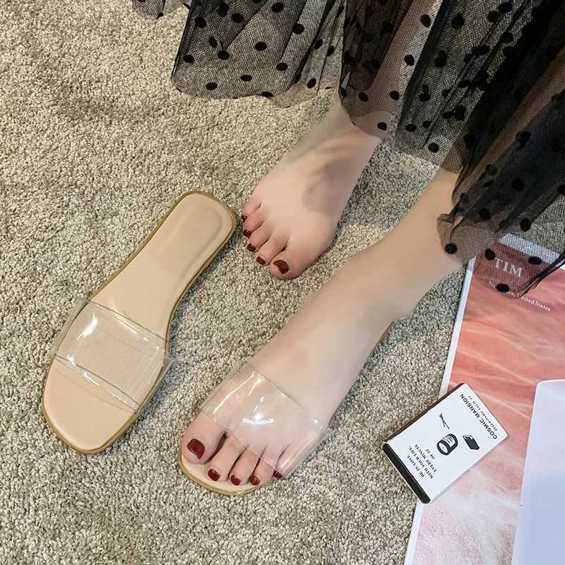 New summer womens simple crystal slider womens transparent flat chest solid color E-line beach womens sandalsXJ250407