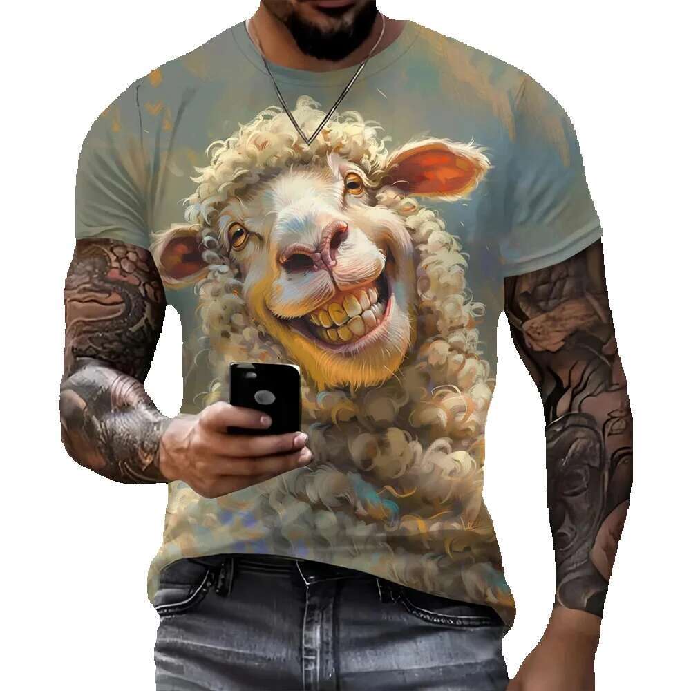 New interesting 3D goat print men's street fashion hip-hop clothing casual round neck short sleeved T-shirt fashionable summer top loose