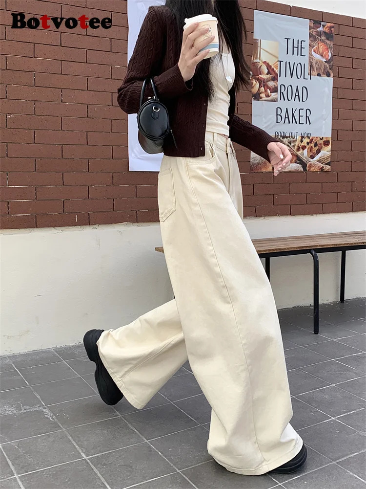 Botvotee Brown Pocket Jeans Womens High Waist Wide Leg Street Clothing Y2k Fashion Black Denim Pants Beige Slow 250407
