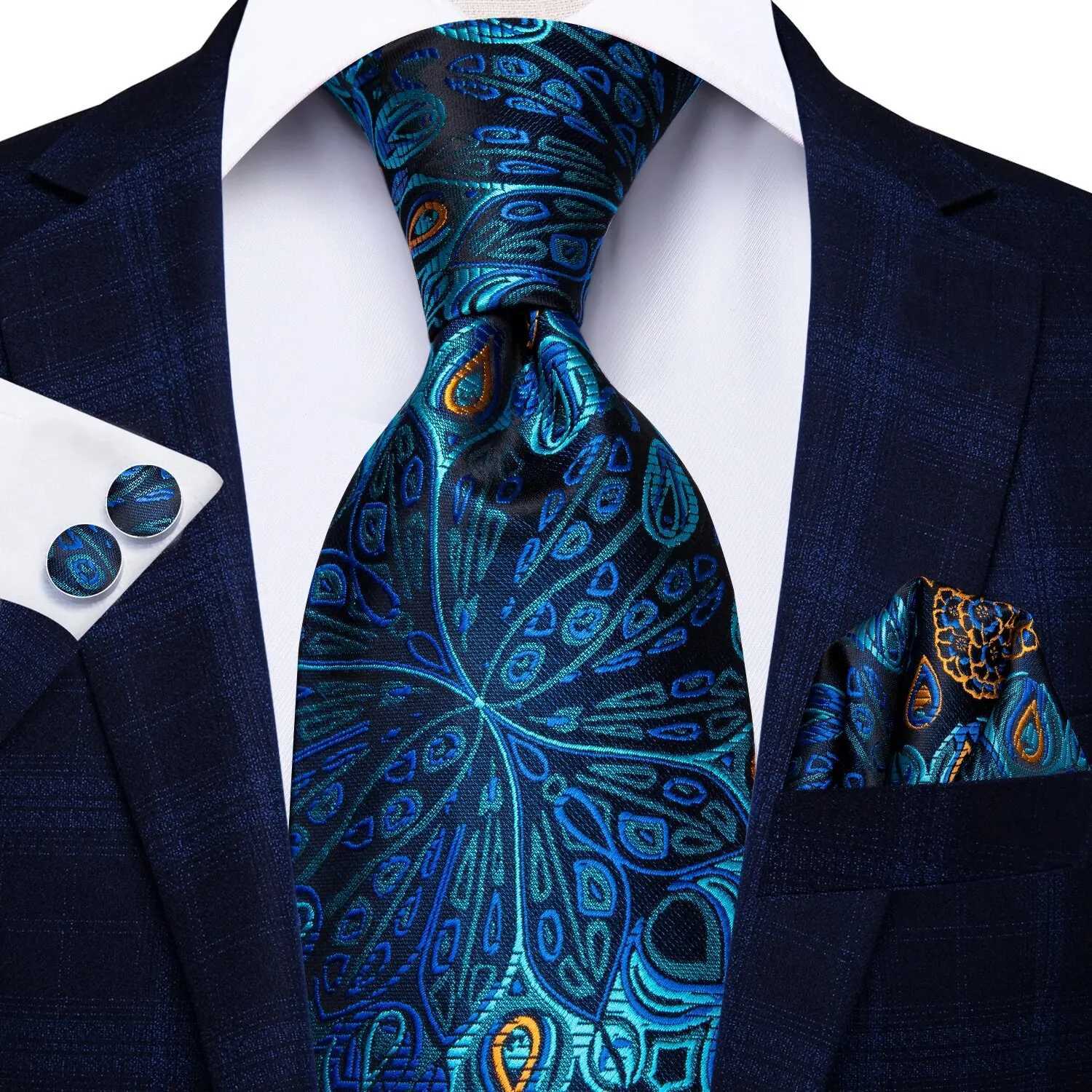 Hi-Tie Peacock Blue Novelty Designer Silk Wedding Tie For Men Hanky Cufflinks Gift Mens Fashion Necktie Set Business Party X2504071