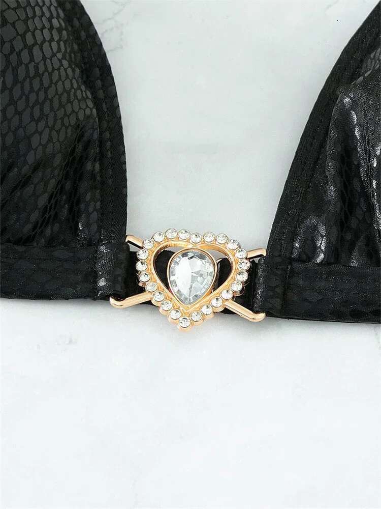 Dongdumaoyi Luxury Rhinestone Bikini Women Black Bronzing Metal Chain Strap Push Up Micro Swimsuit Sexy Bathing Suit Thong Swimwear