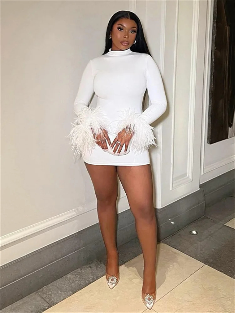 Weird cat feather patchwork dress womens autumn trend O-neck tight elastic classic solid streetwear long sleeved body 250402