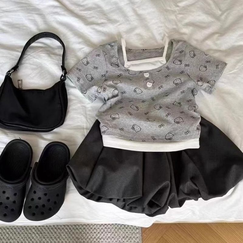 Ddmyshoesvip Girl S Baby Summer New Cartoon Print Fake Short Sleeved T Shirt Flower Bud Shorts Two Piece Set