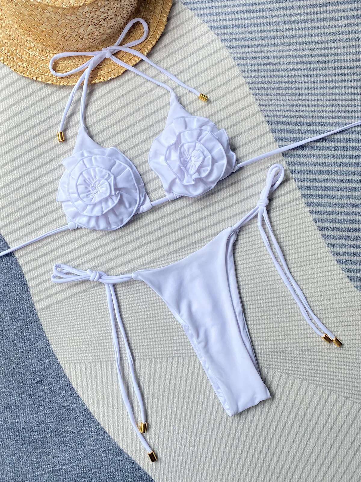Dongdumaoyi Sexy D Flower Micro Bikini Women Pink White Cut Out Push Up Criss Cross Thong Swimsuit Beach Bathing Suit Tanga Swimwear
